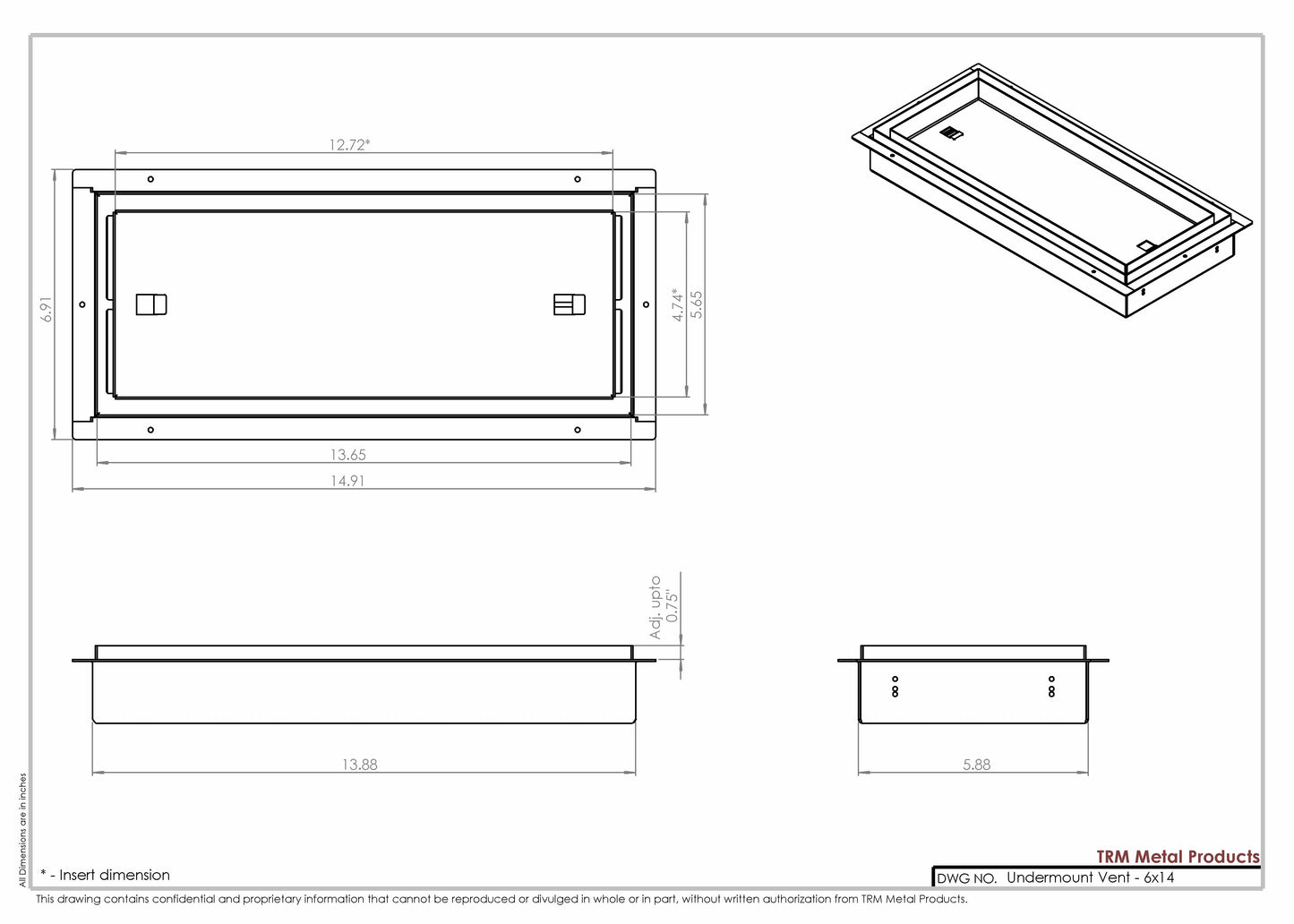 6x14 Undermount Air Vent, Floor-Matching, All Metal, Flush Floor Vent Cover (14x6)