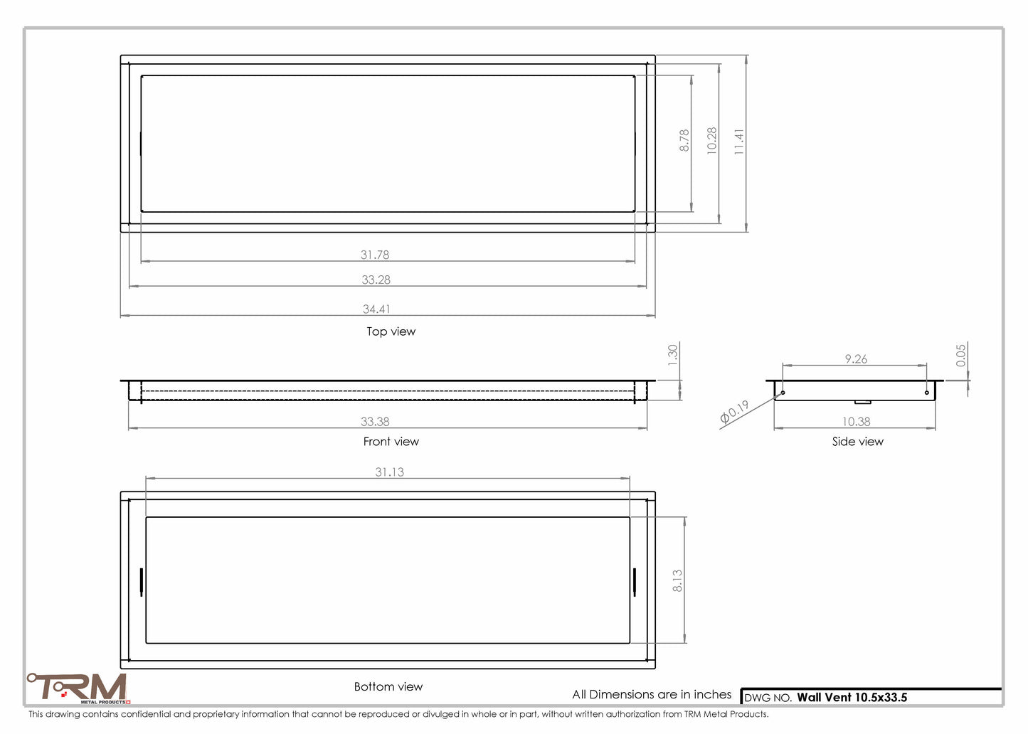 10.5x33.5 - Wall Vent - Modern Vent Cover -  Return Air Vent - TRM Metal  33.5x10.5
