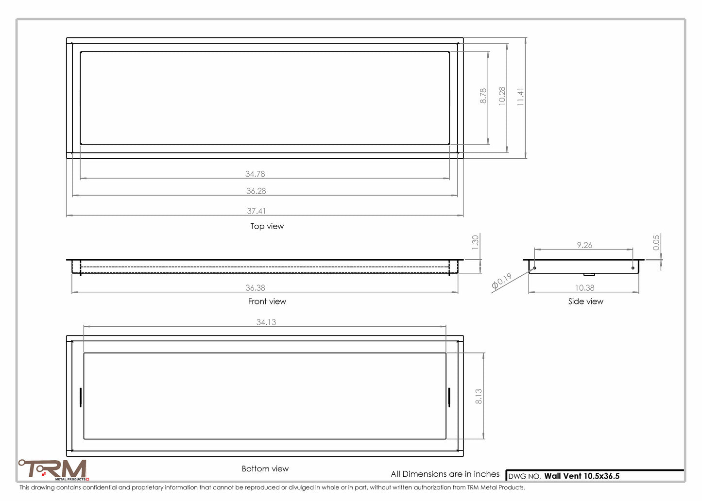 10.5x36.5 - Wall Vent - Modern Vent Cover -  Return Air Vent - TRM Metal  36.5x10.5