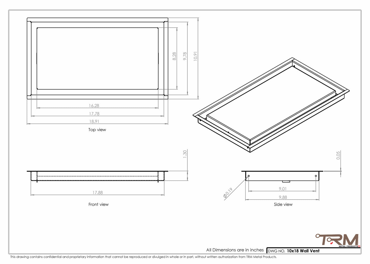 10x18 - Wall Vent - Modern Vent Cover -  Return Air Vent - TRM Metal  18x10