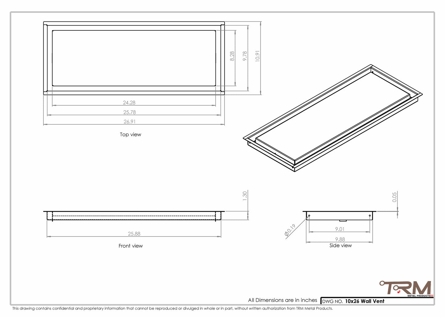 10x26 - Wall Vent - Modern Vent Cover -  Return Air Vent - TRM Metal  26x10