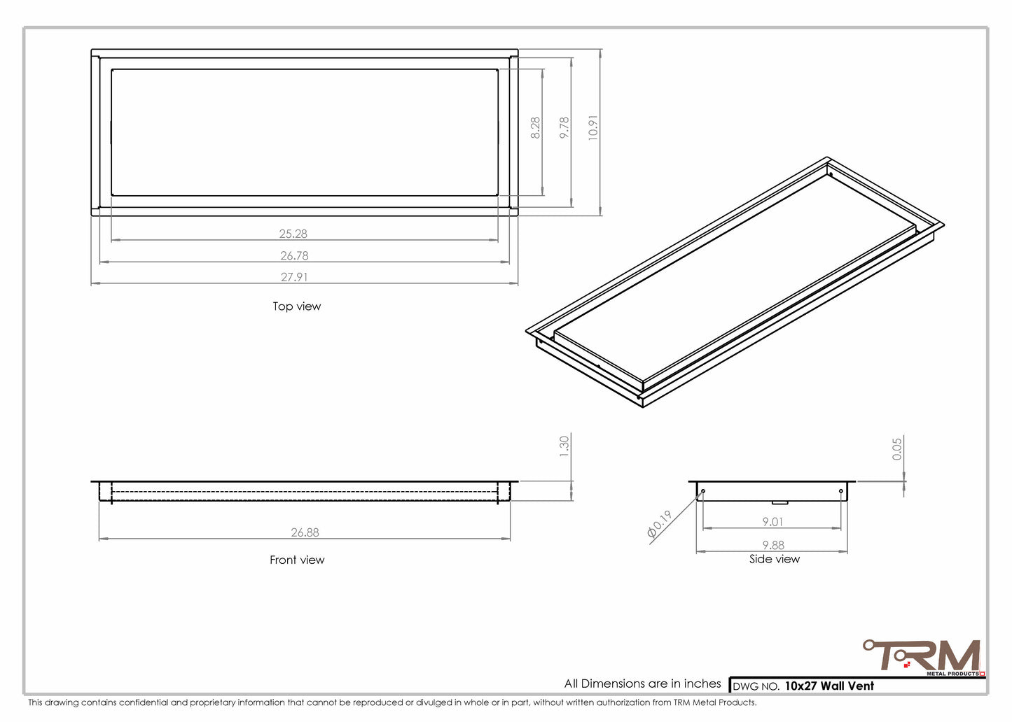 10x27 - Wall Vent - Modern Vent Cover -  Return Air Vent - TRM Metal  27x10