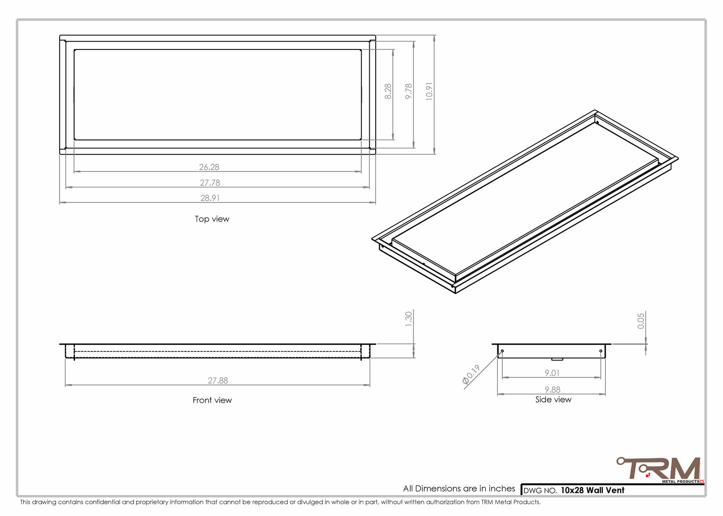 10x28 - Wall Vent - Modern Vent Cover -  Return Air Vent - TRM Metal  28x10