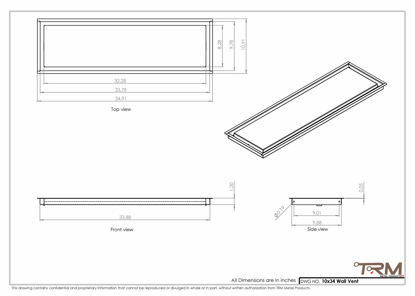 10x34 - Wall Vent - Modern Vent Cover -  Return Air Vent - TRM Metal  34x10