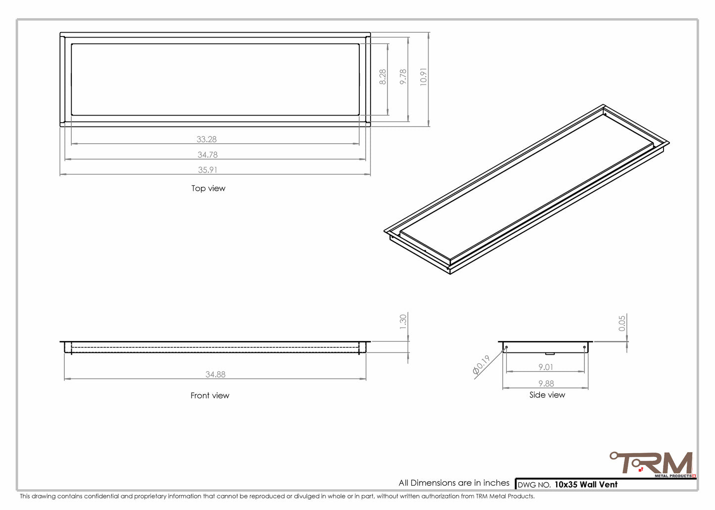 10x35 - Wall Vent - Modern Vent Cover -  Return Air Vent - TRM Metal  35x10
