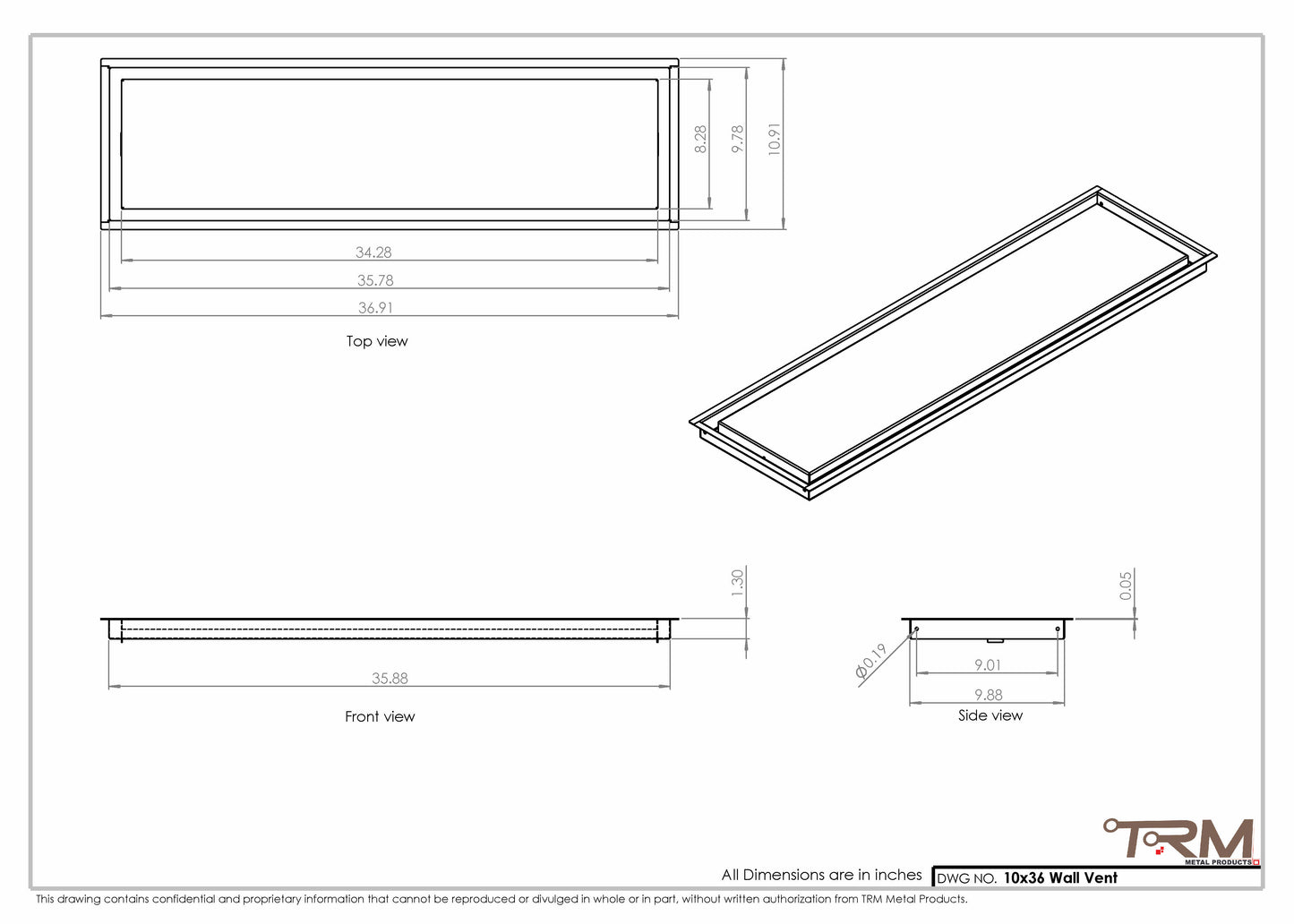 10x36 - Wall Vent - Modern Vent Cover -  Return Air Vent - TRM Metal  36x10