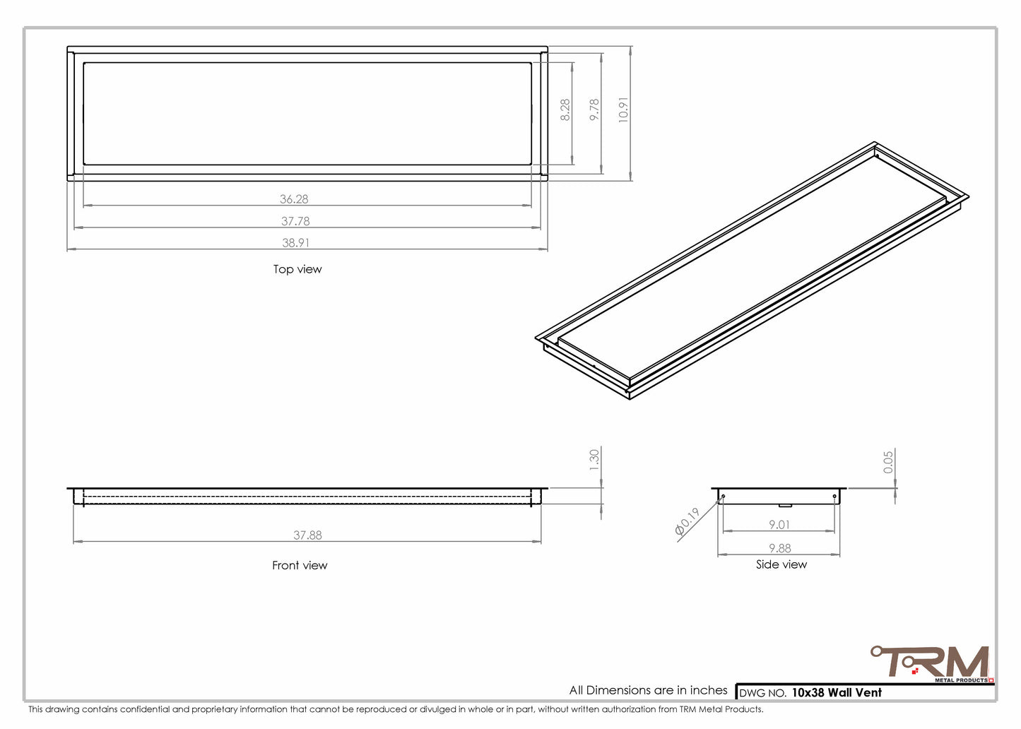 10x38 - Wall Vent - Modern Vent Cover -  Return Air Vent - TRM Metal  38x10