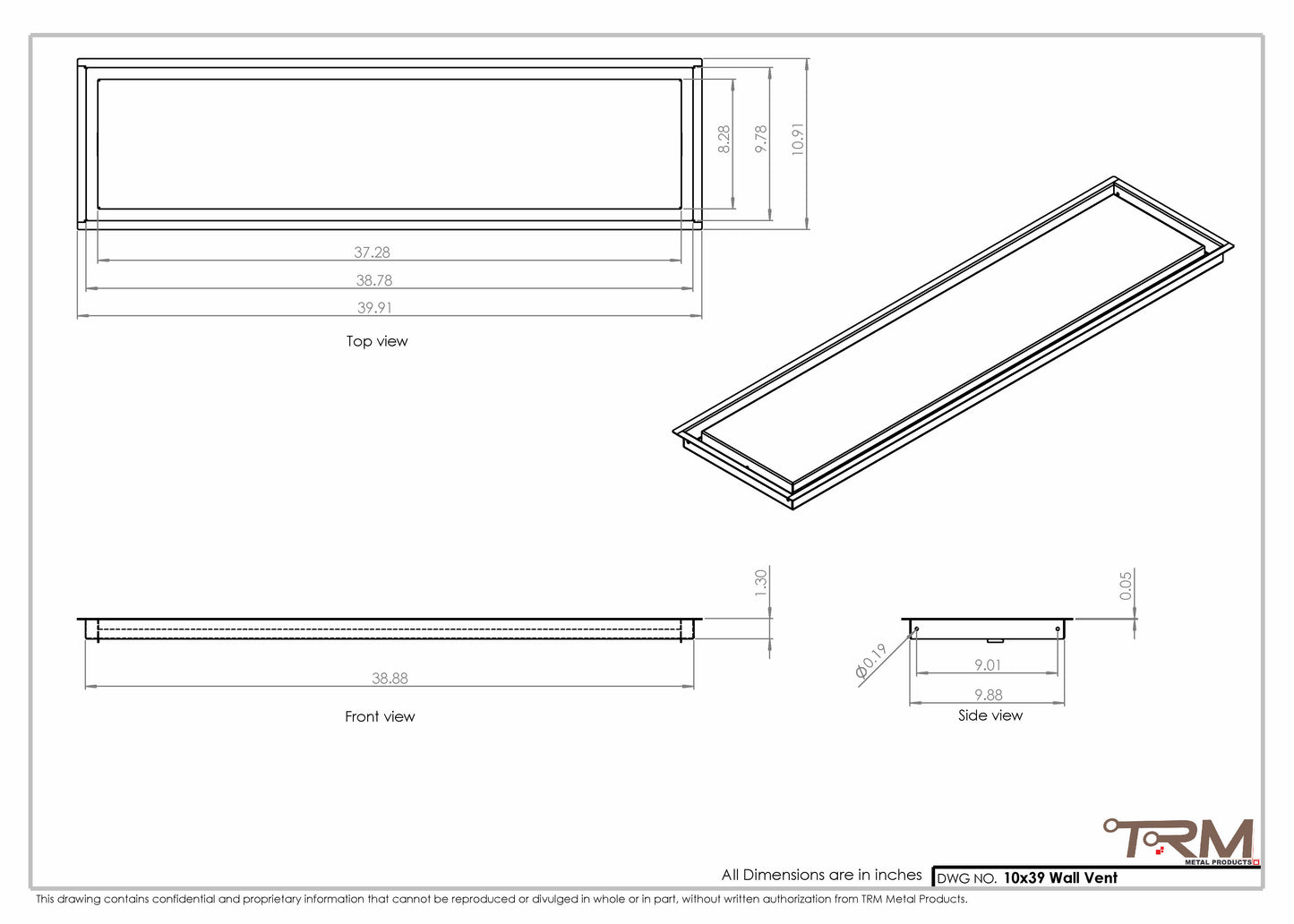 10x39 - Wall Vent - Modern Vent Cover -  Return Air Vent - TRM Metal  39x10