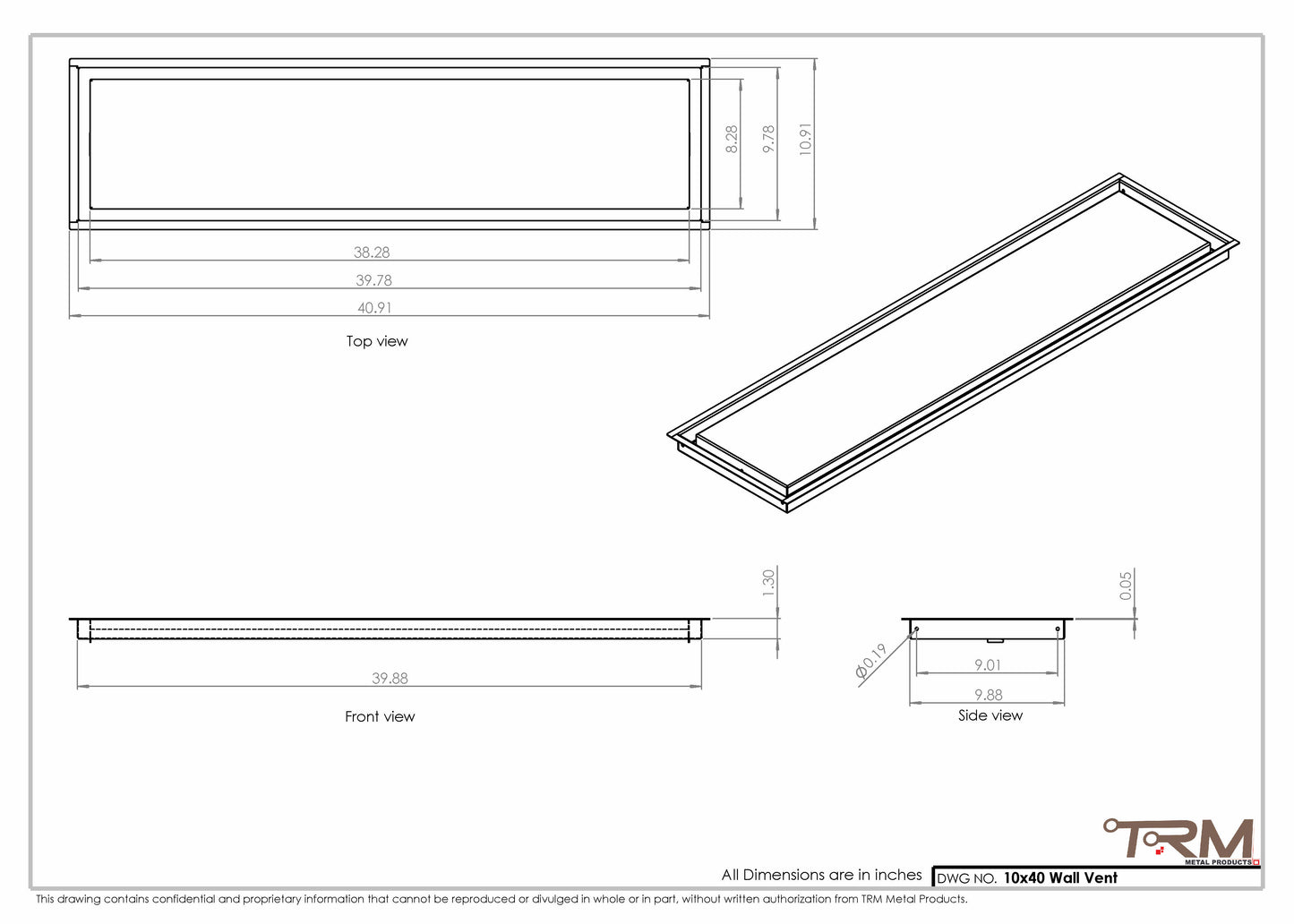 10x40 - Wall Vent - Modern Vent Cover -  Return Air Vent - TRM Metal  40x10