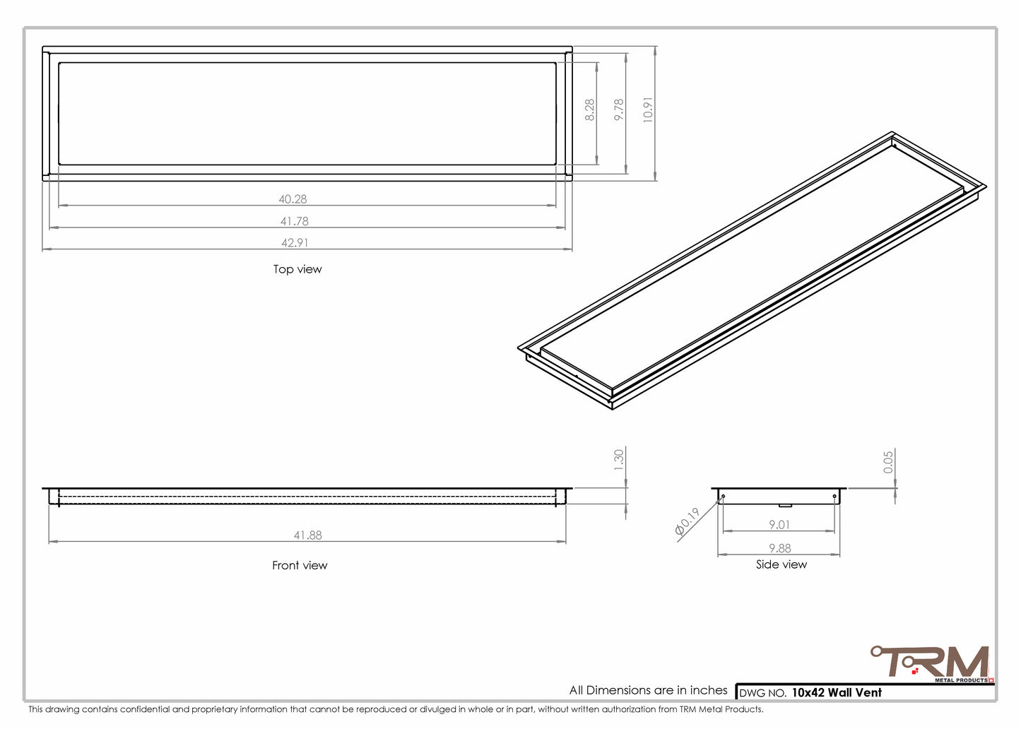 10x42 - Wall Vent - Modern Vent Cover -  Return Air Vent - TRM Metal  42x10