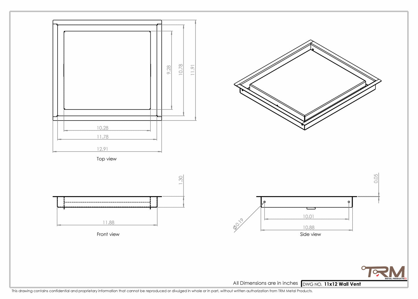 11x12 - Wall Vent - Modern Vent Cover -  Return Air Vent - TRM Metal  12x11