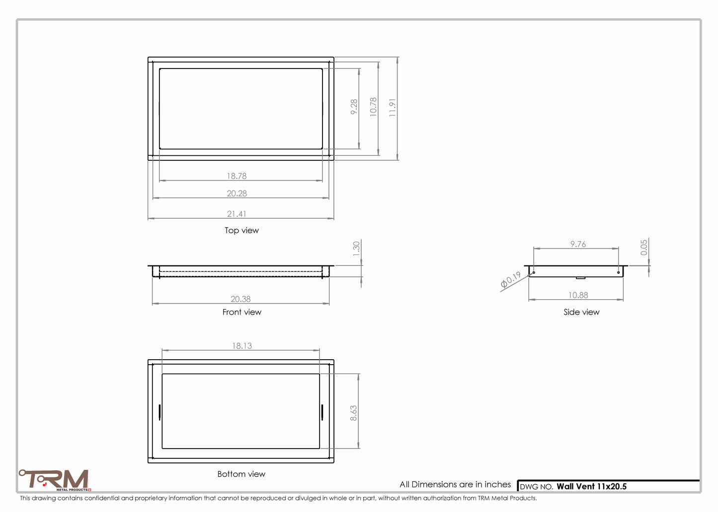 11x20.5 - Wall Vent - Modern Vent Cover -  Return Air Vent - TRM Metal  20.5x11