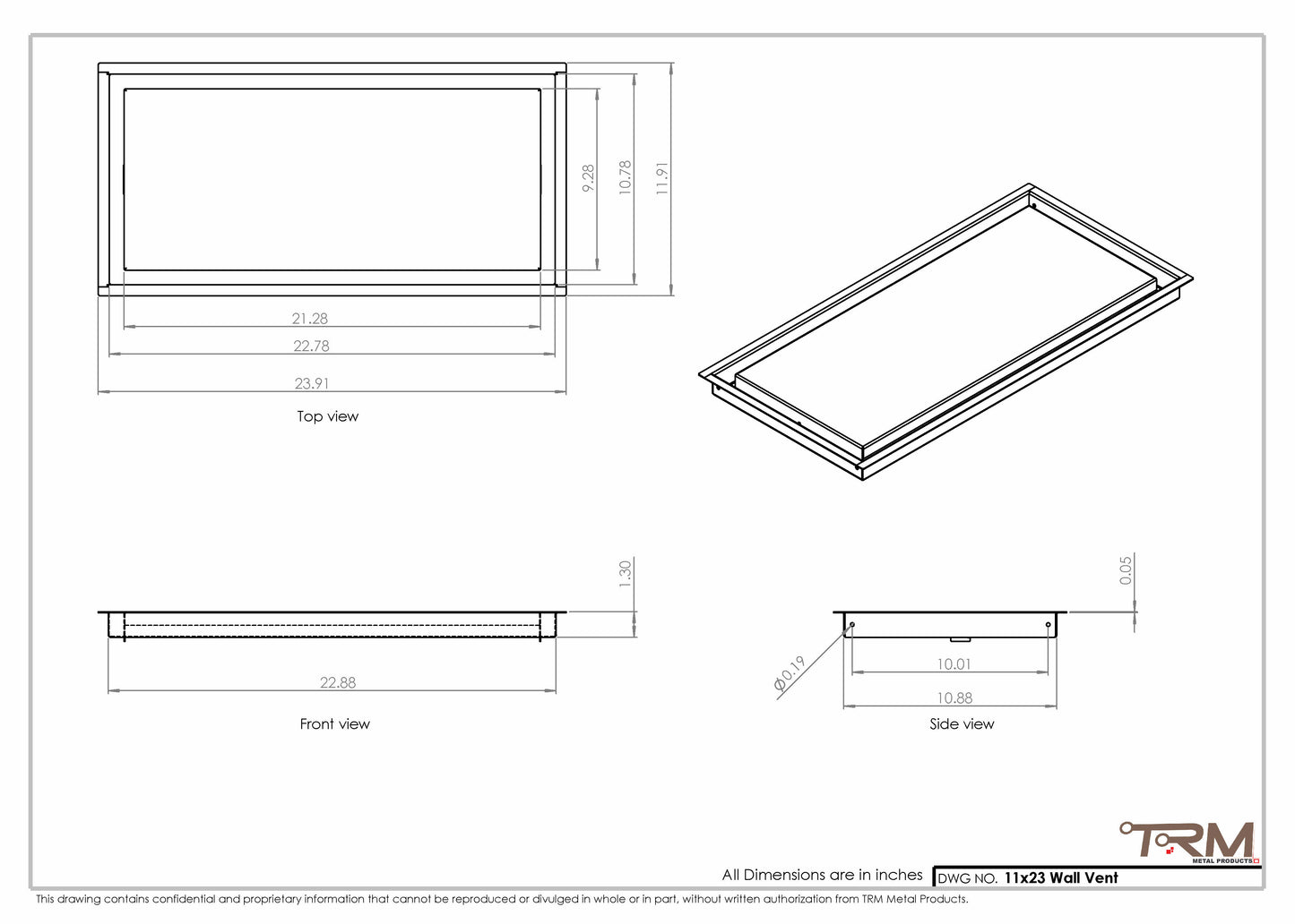 11x23 - Wall Vent - Modern Vent Cover -  Return Air Vent - TRM Metal  23x11