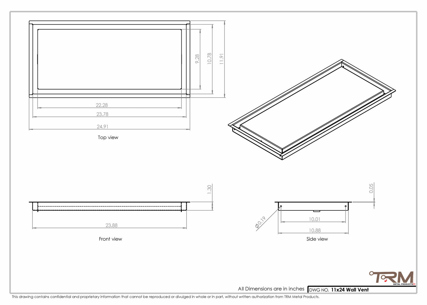 11x24 - Wall Vent - Modern Vent Cover -  Return Air Vent - TRM Metal  24x11