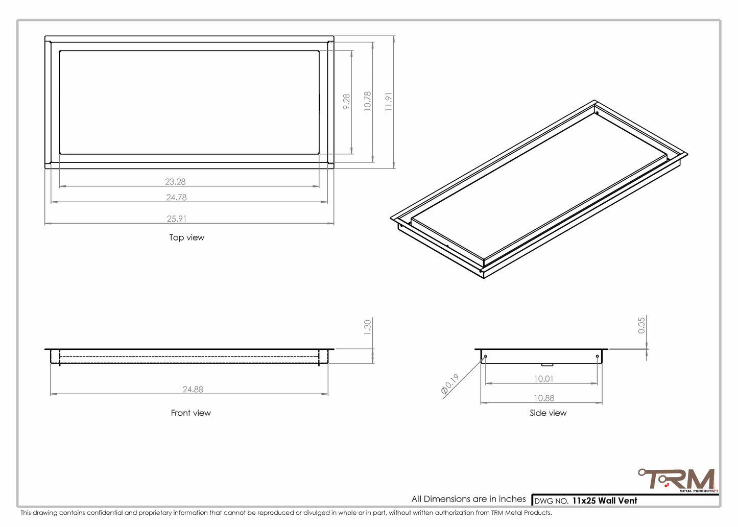 11x25 - Wall Vent - Modern Vent Cover -  Return Air Vent - TRM Metal  25x11
