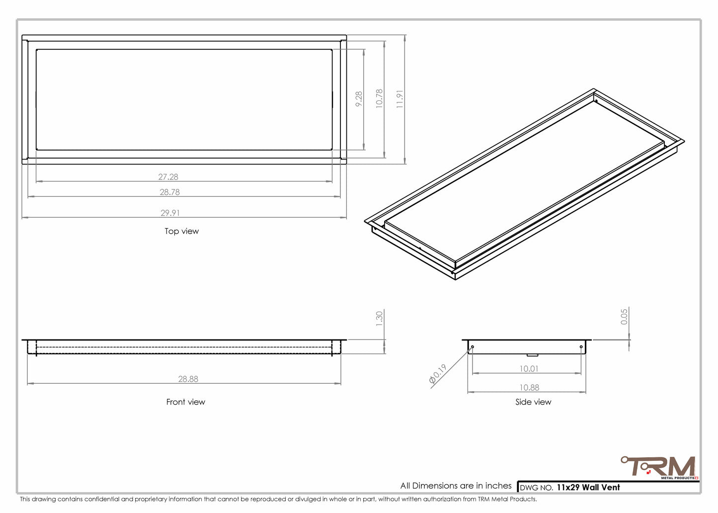11x29 - Wall Vent - Modern Vent Cover -  Return Air Vent - TRM Metal  29x11