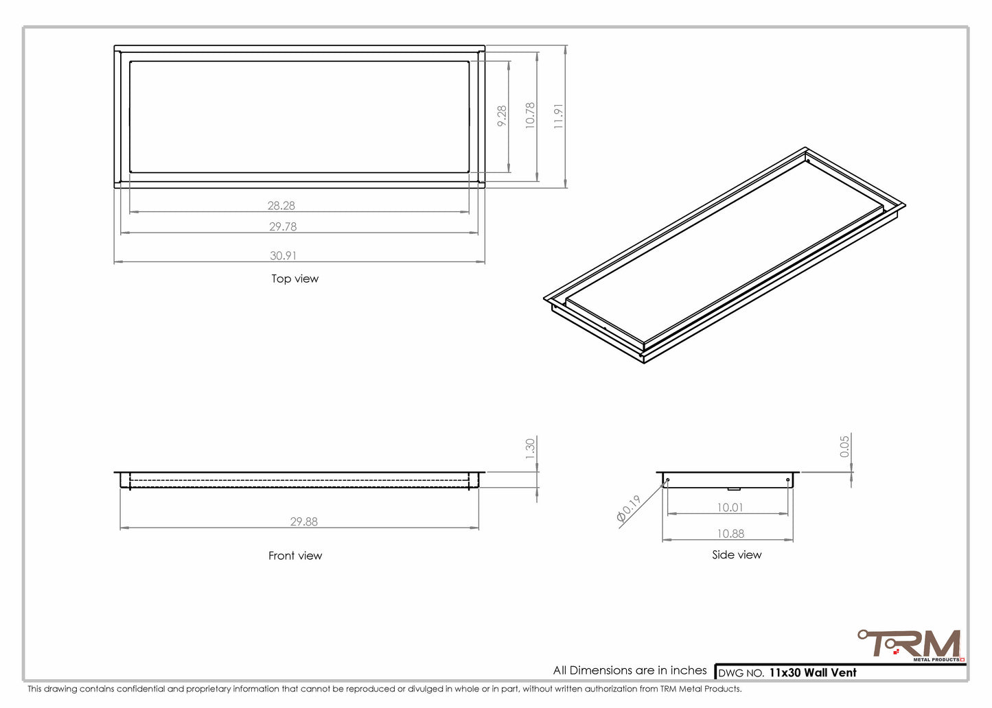 11x30 - Wall Vent - Modern Vent Cover -  Return Air Vent - TRM Metal  30x11