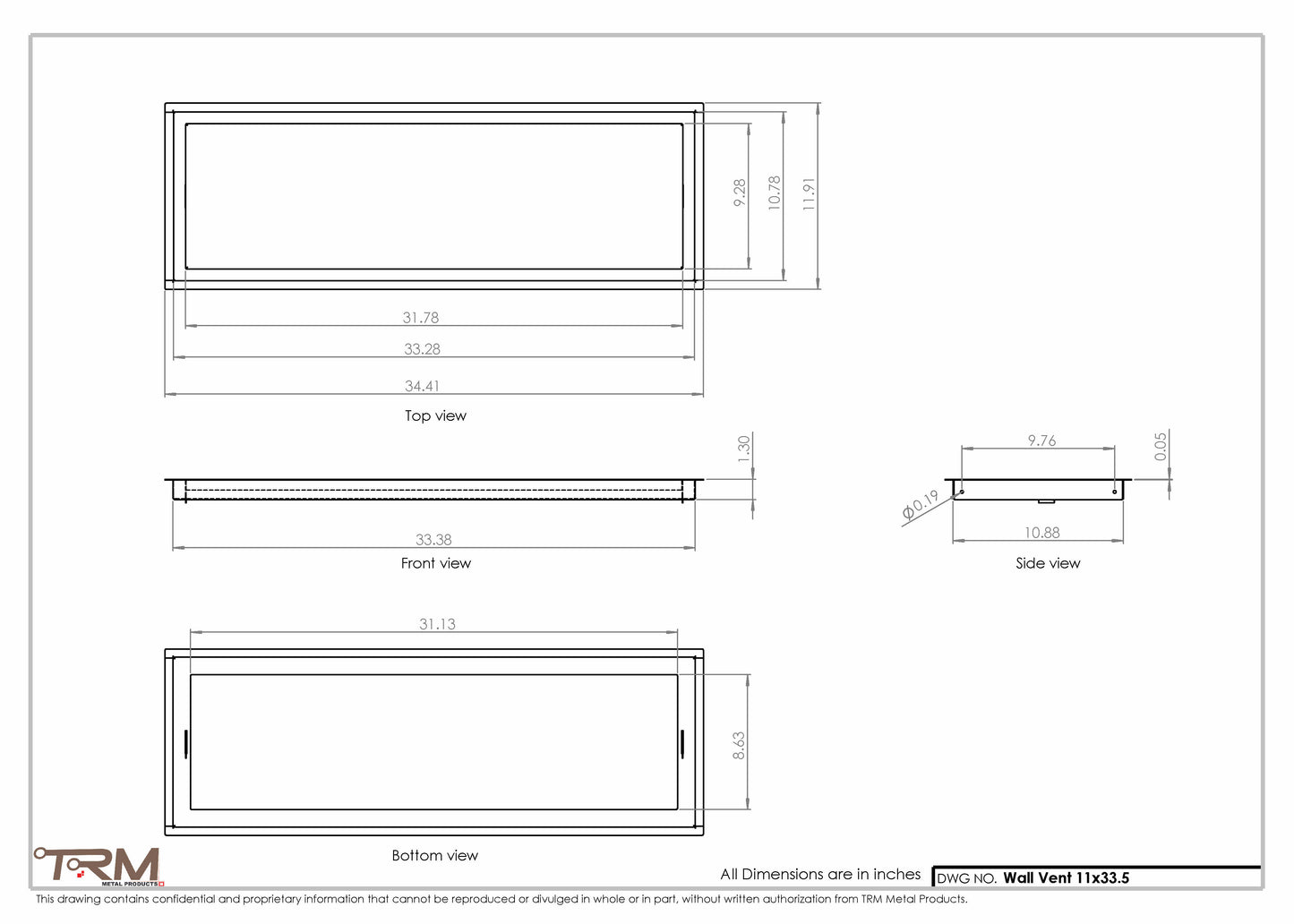 11x33.5 - Wall Vent - Modern Vent Cover -  Return Air Vent - TRM Metal  33.5x11
