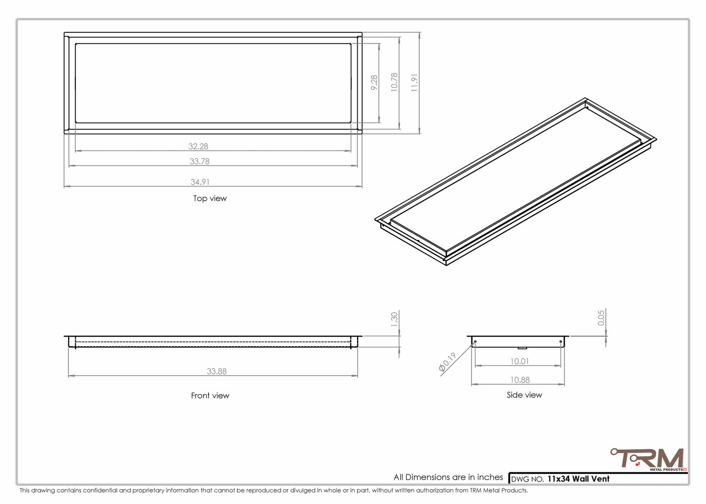 11x34 - Wall Vent - Modern Vent Cover -  Return Air Vent - TRM Metal  34x11