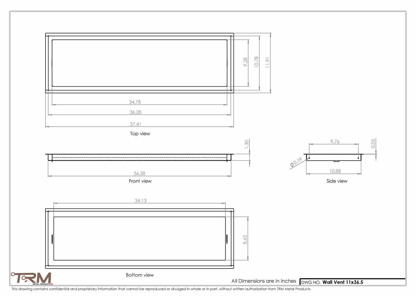 11x36.5 - Wall Vent - Modern Vent Cover -  Return Air Vent - TRM Metal  36.5x11