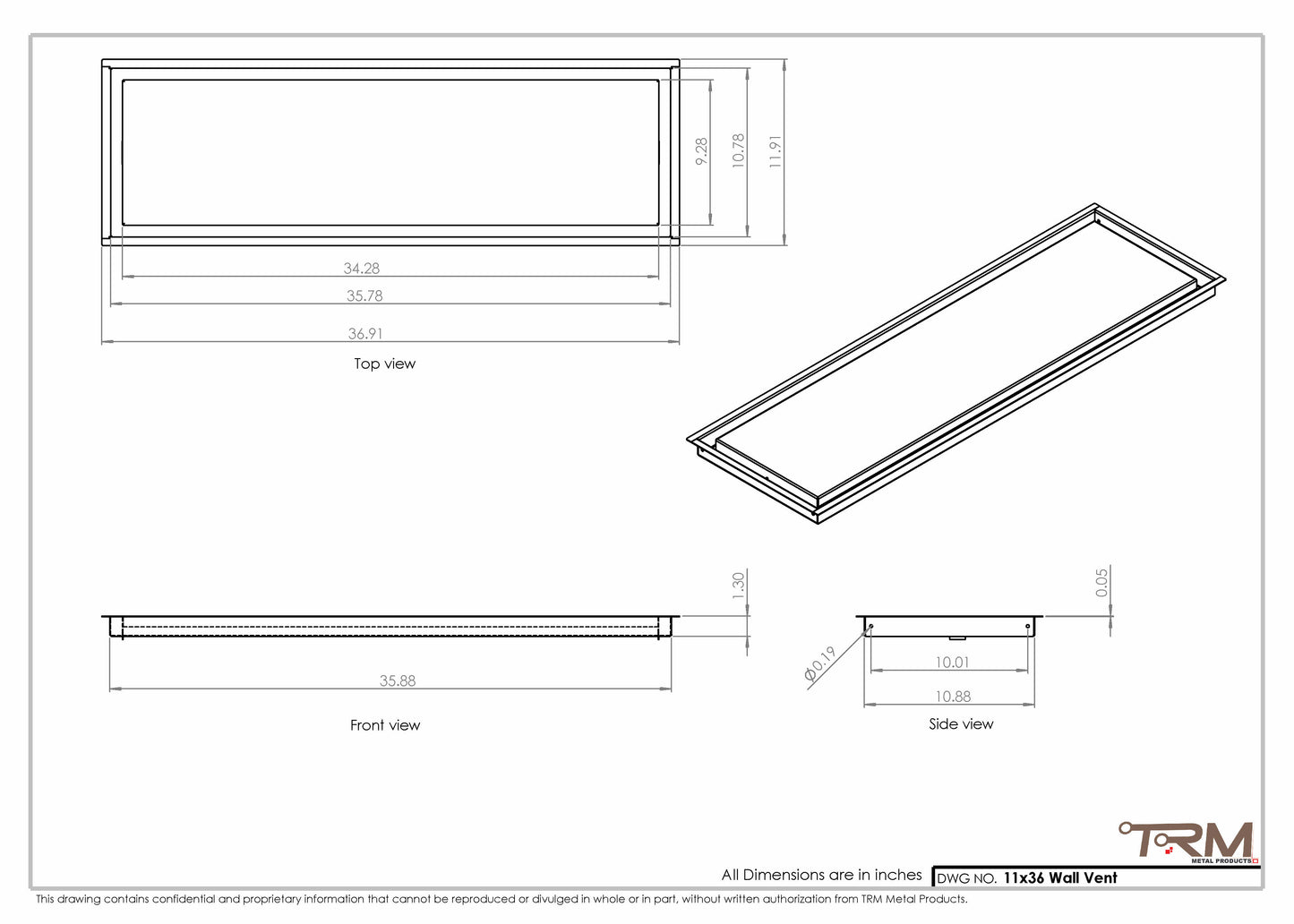 11x36 - Wall Vent - Modern Vent Cover -  Return Air Vent - TRM Metal  36x11