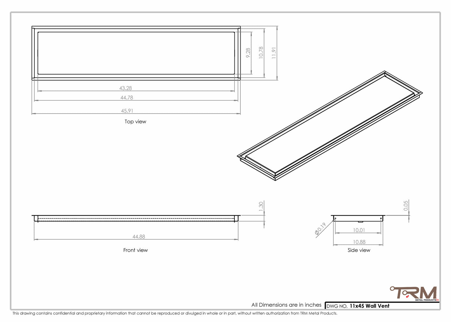11x45 - Wall Vent - Modern Vent Cover -  Return Air Vent - TRM Metal  45x11