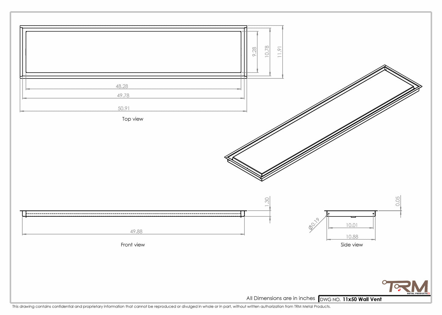 11x50 - Wall Vent - Modern Vent Cover -  Return Air Vent - TRM Metal  50x11