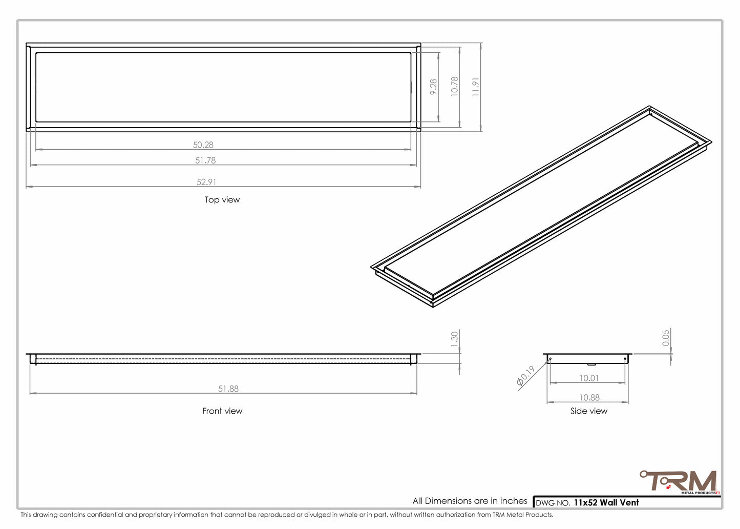11x52 - Wall Vent - Modern Vent Cover -  Return Air Vent - TRM Metal  52x11
