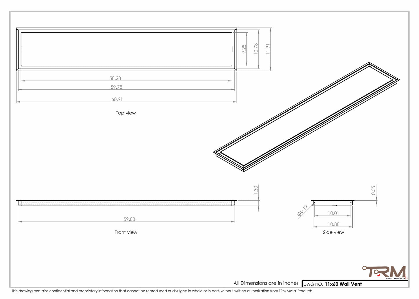 11x60 - Wall Vent - Modern Vent Cover -  Return Air Vent - TRM Metal  60x11