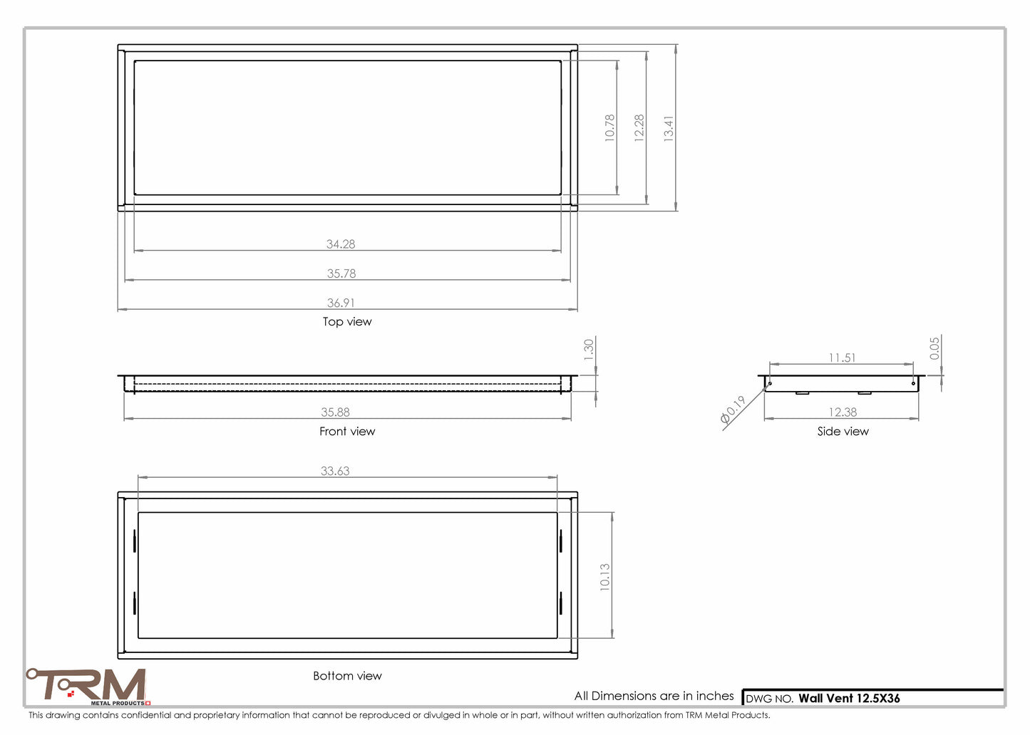 12.5x36 - Wall Vent - Modern Vent Cover -  Return Air Vent - TRM Metal  36x12.5