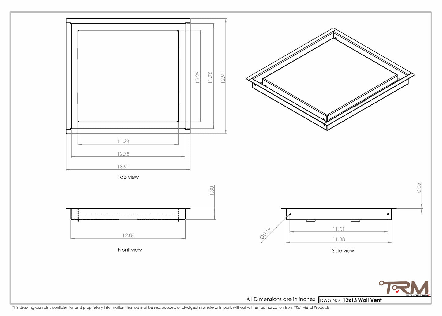 12x13 - Wall Vent - Modern Vent Cover -  Return Air Vent - TRM Metal  13x12