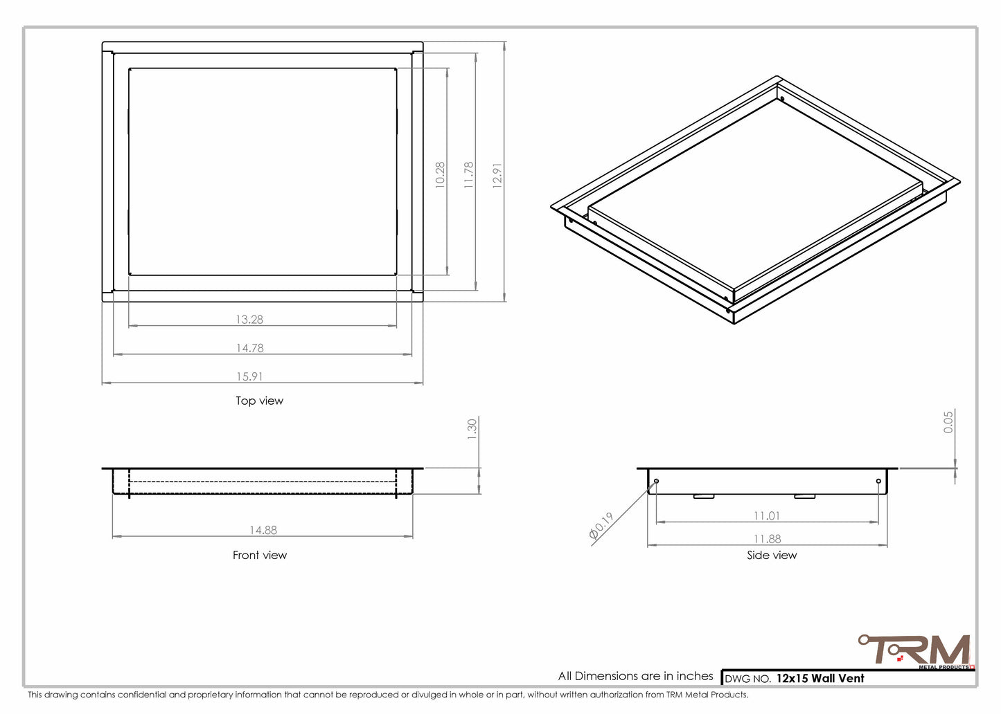 12x15 - Wall Vent - Modern Vent Cover -  Return Air Vent - TRM Metal  15x12