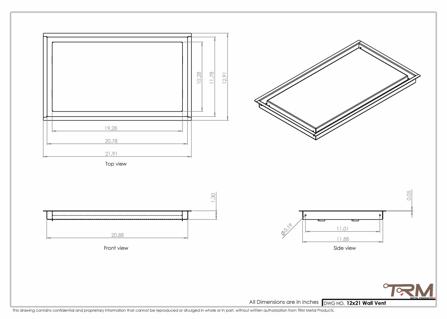 12x21 - Wall Vent - Modern Vent Cover -  Return Air Vent - TRM Metal  21x12