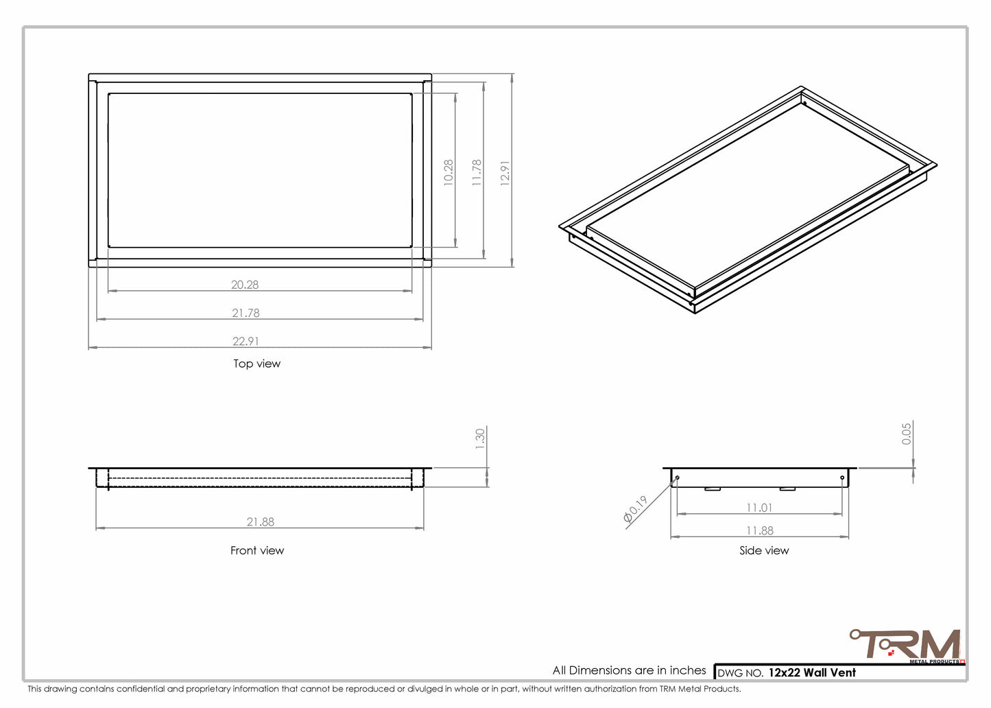12x22 - Wall Vent - Modern Vent Cover -  Return Air Vent - TRM Metal  22x12