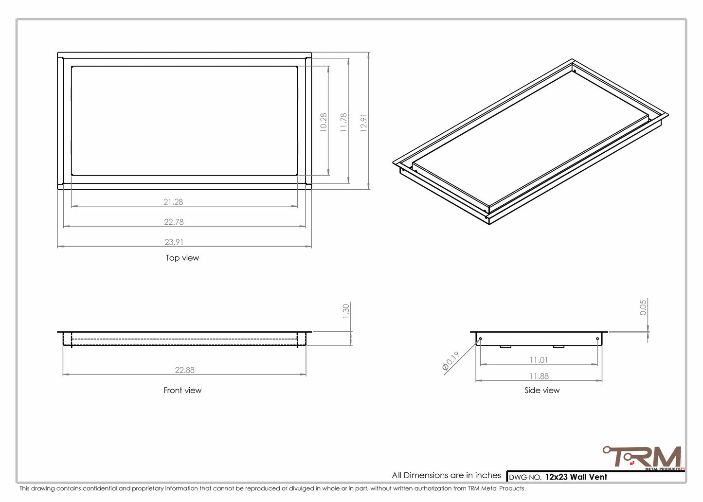 12x23 - Wall Vent - Modern Vent Cover -  Return Air Vent - TRM Metal  23x12