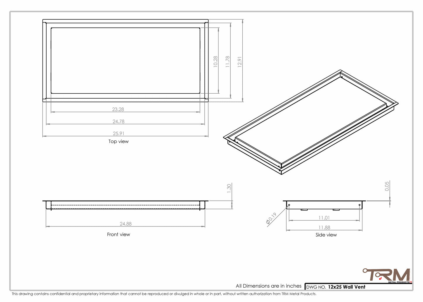 12x25 - Wall Vent - Modern Vent Cover -  Return Air Vent - TRM Metal  25x12
