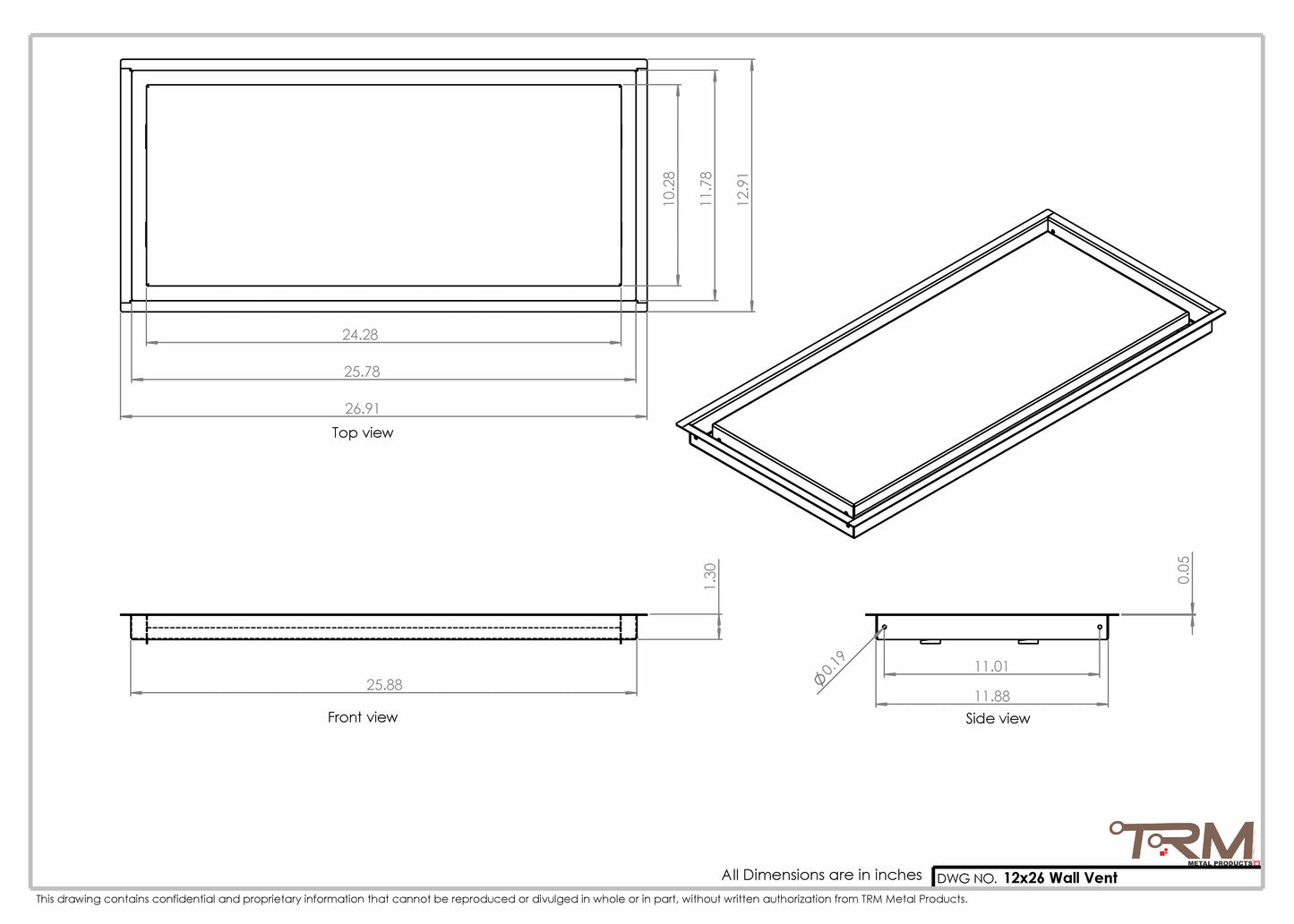 12x26 - Wall Vent - Modern Vent Cover -  Return Air Vent - TRM Metal  26x12