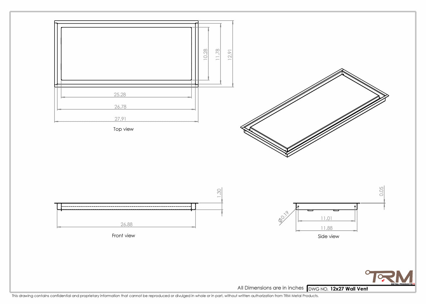 12x27 - Wall Vent - Modern Vent Cover -  Return Air Vent - TRM Metal  27x12
