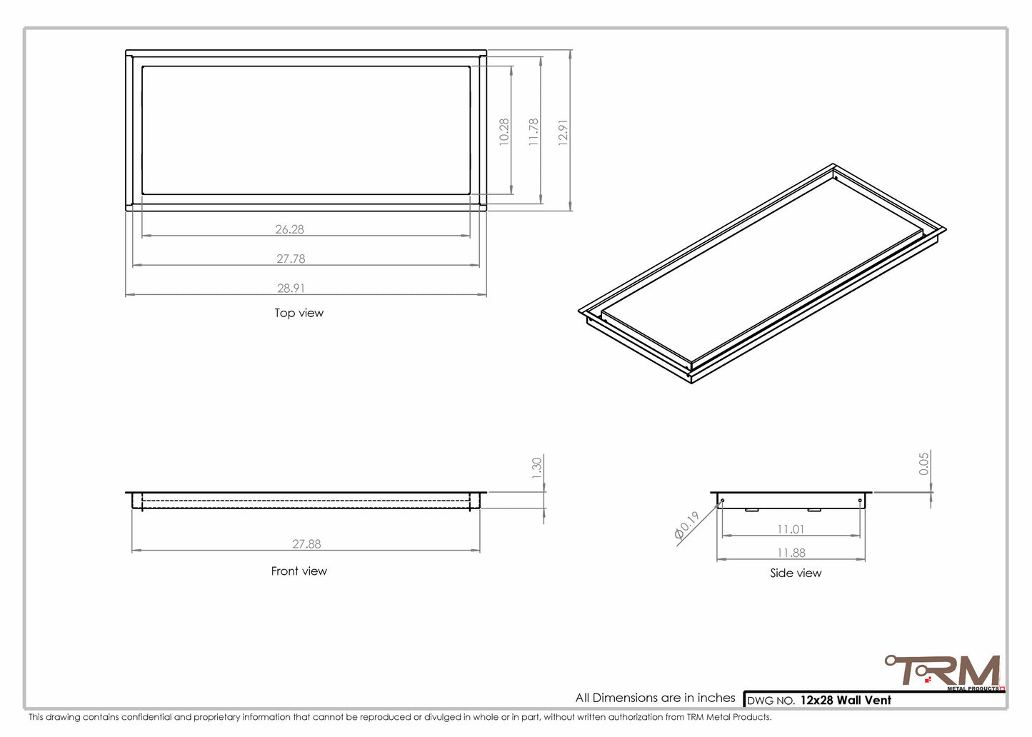 12x28 - Wall Vent - Modern Vent Cover -  Return Air Vent - TRM Metal  28x12