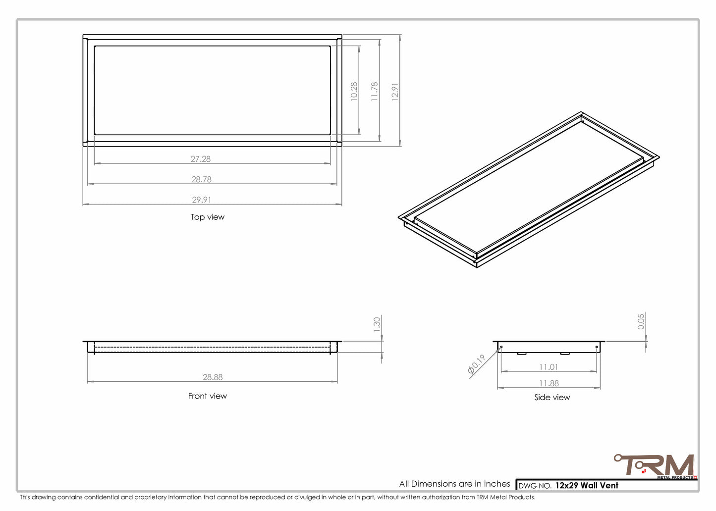 12x29 - Wall Vent - Modern Vent Cover -  Return Air Vent - TRM Metal  29x12