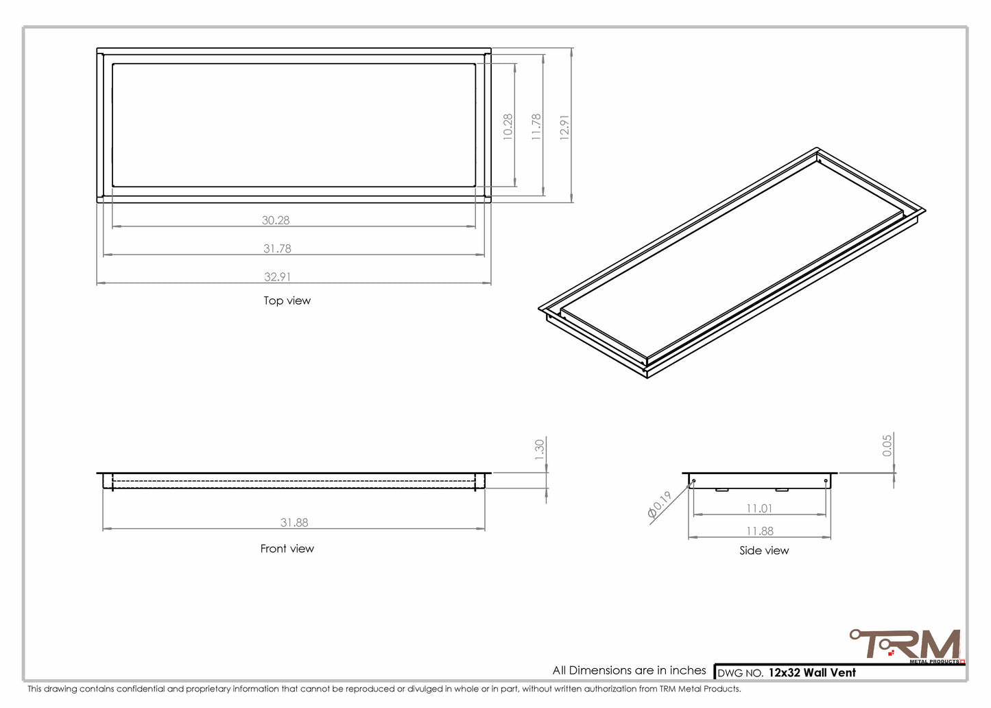 12x32 - Wall Vent - Modern Vent Cover -  Return Air Vent - TRM Metal  32x12