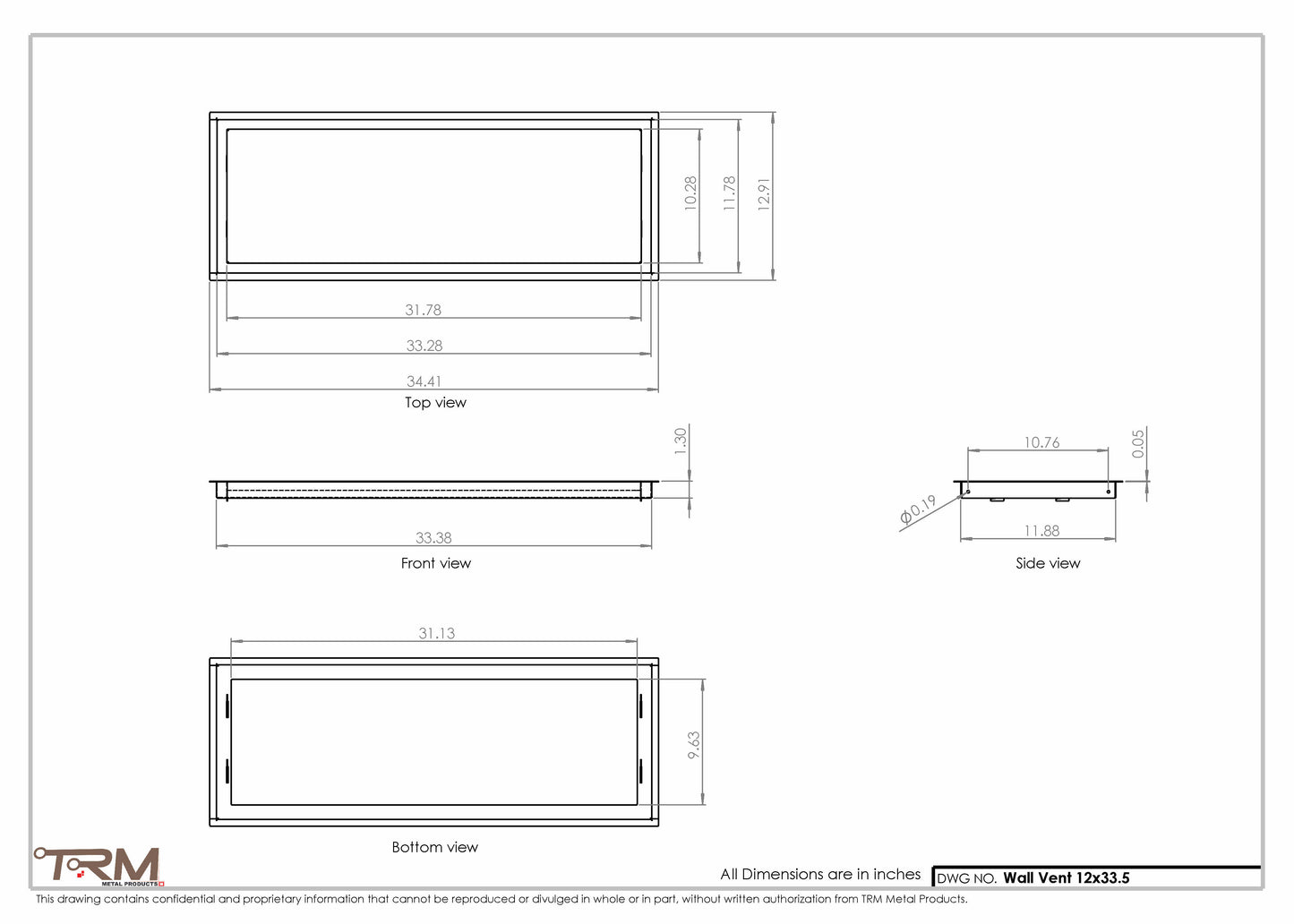 12x33.5 - Wall Vent - Modern Vent Cover -  Return Air Vent - TRM Metal  33.5x12