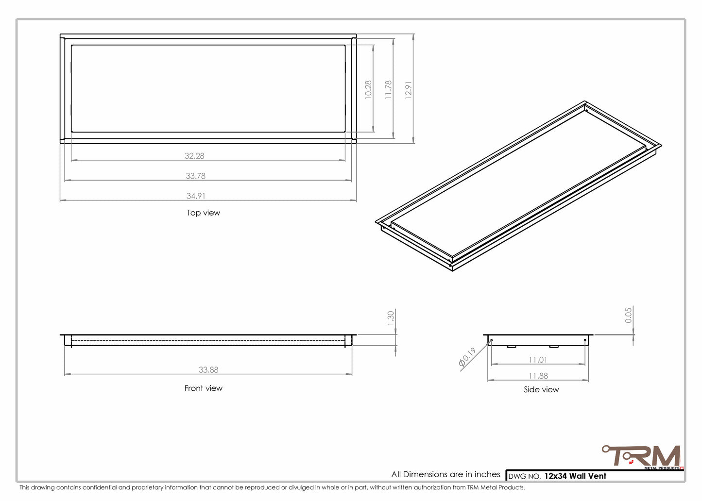 12x34 - Wall Vent - Modern Vent Cover -  Return Air Vent - TRM Metal  34x12
