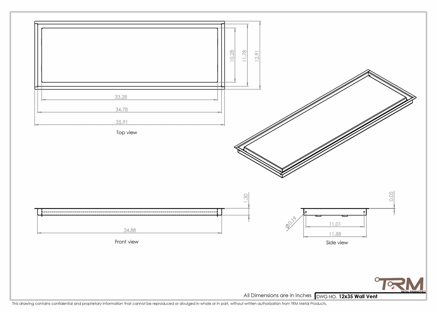 12x35 - Wall Vent - Modern Vent Cover -  Return Air Vent - TRM Metal  35x12