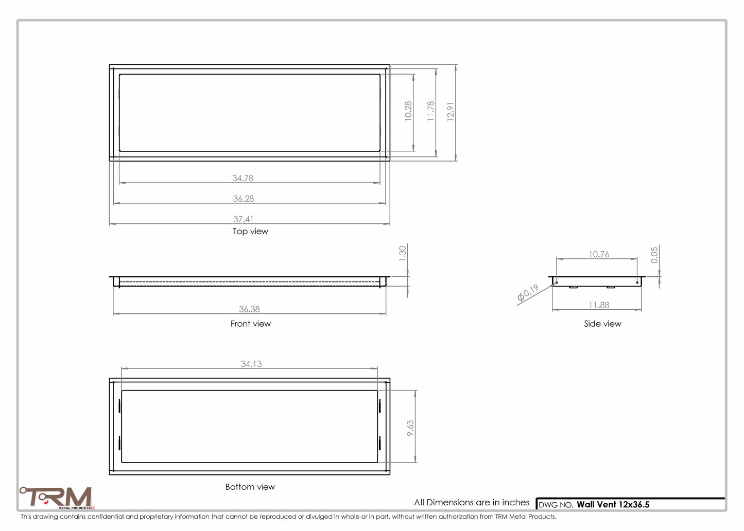 12x36.5 - Wall Vent - Modern Vent Cover -  Return Air Vent - TRM Metal  36.5x12
