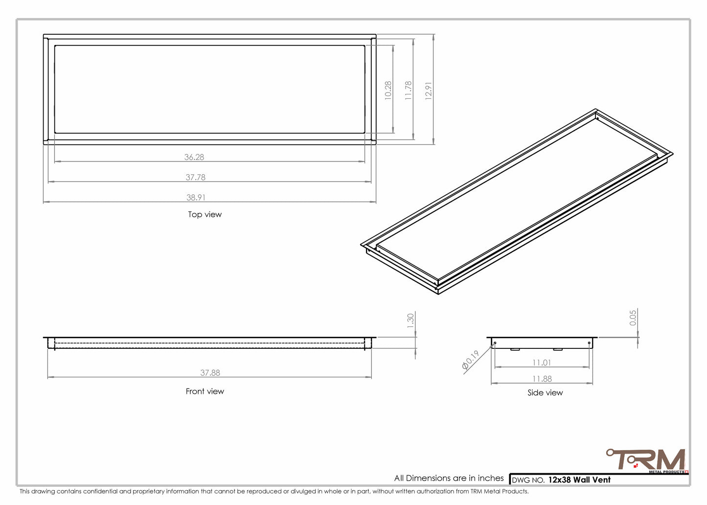 12x38 - Wall Vent - Modern Vent Cover -  Return Air Vent - TRM Metal  38x12