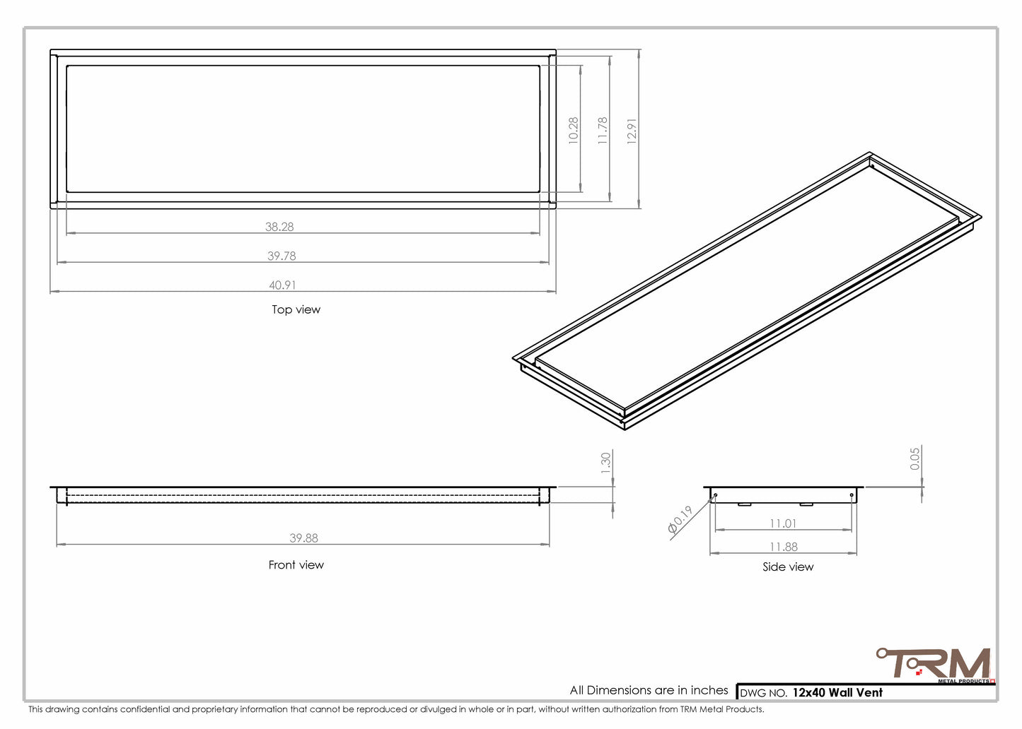 12x40 - Wall Vent - Modern Vent Cover -  Return Air Vent - TRM Metal  40x12