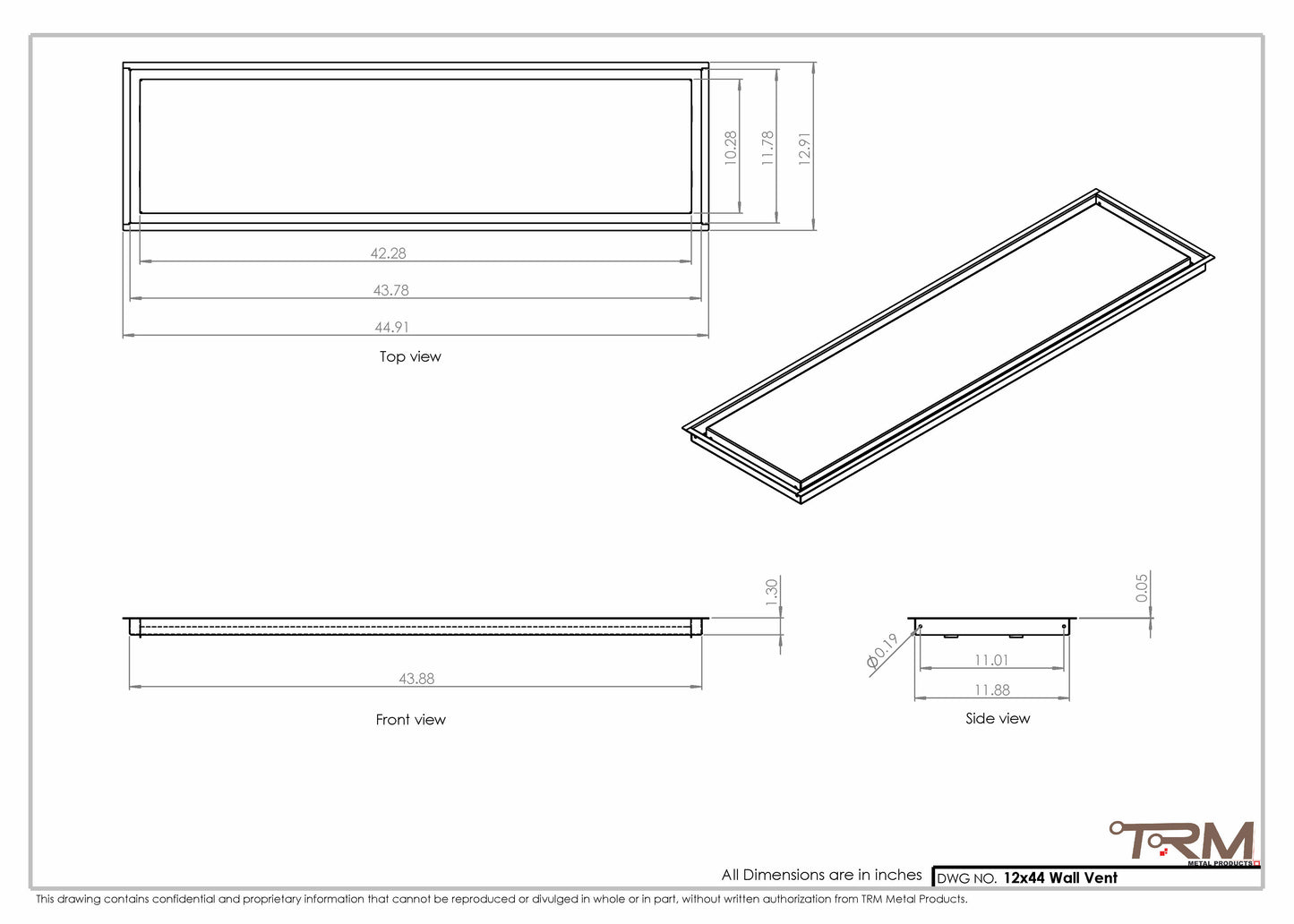 12x44 - Wall Vent - Modern Vent Cover -  Return Air Vent - TRM Metal  44x12