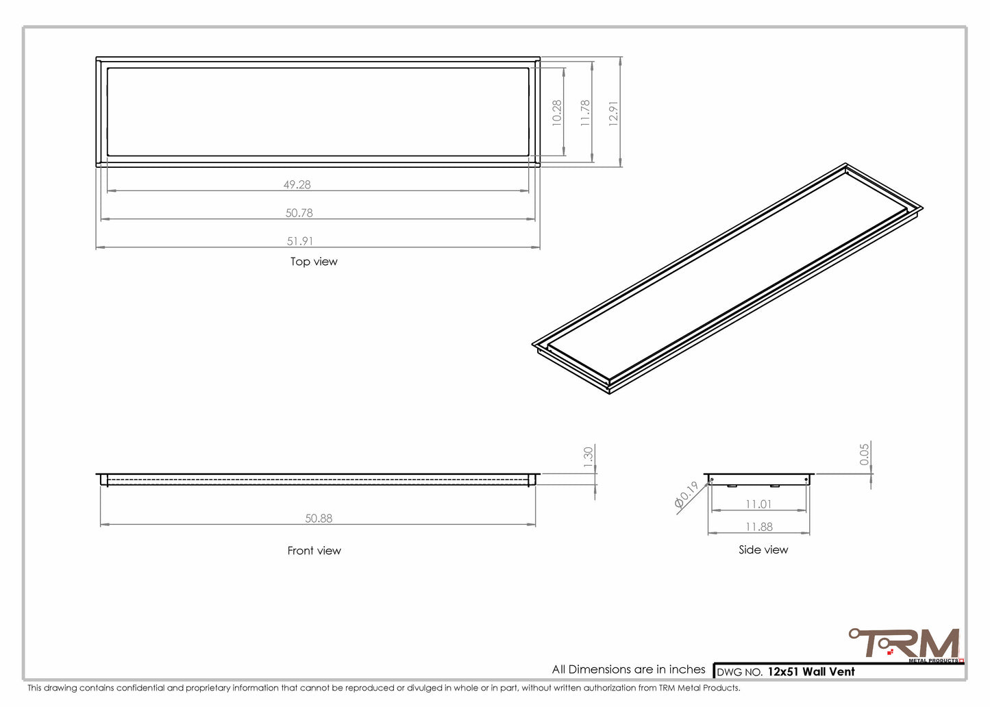 12x51 - Wall Vent - Modern Vent Cover -  Return Air Vent - TRM Metal  51x12