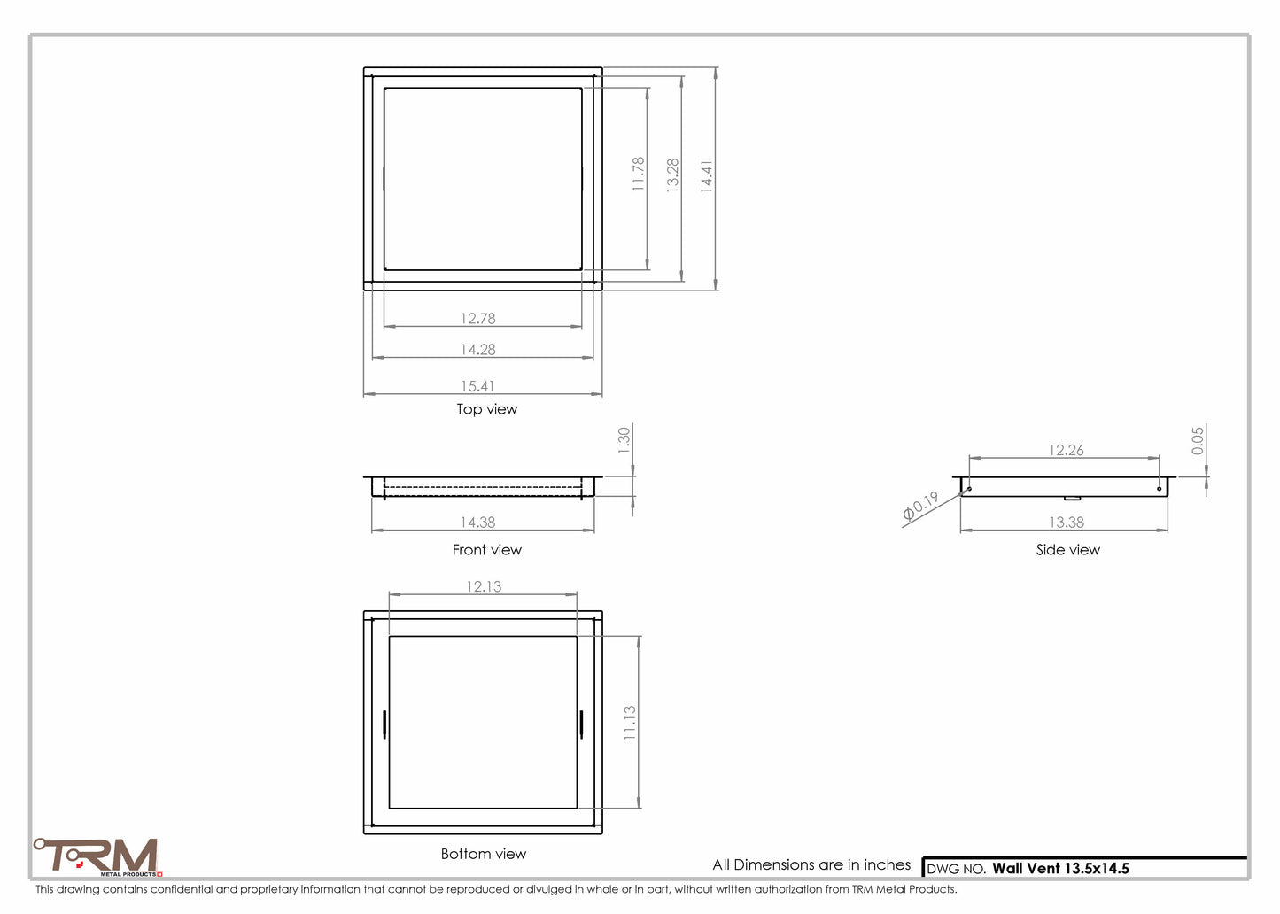 13.5x14.5 - Wall Vent - Modern Vent Cover -  Return Air Vent - TRM Metal  14.5x13.5